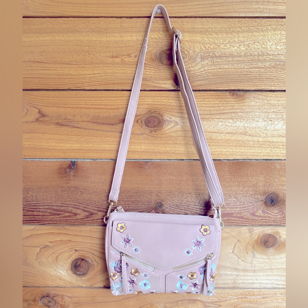 Light Pink Floral Crossbody Suede Purse